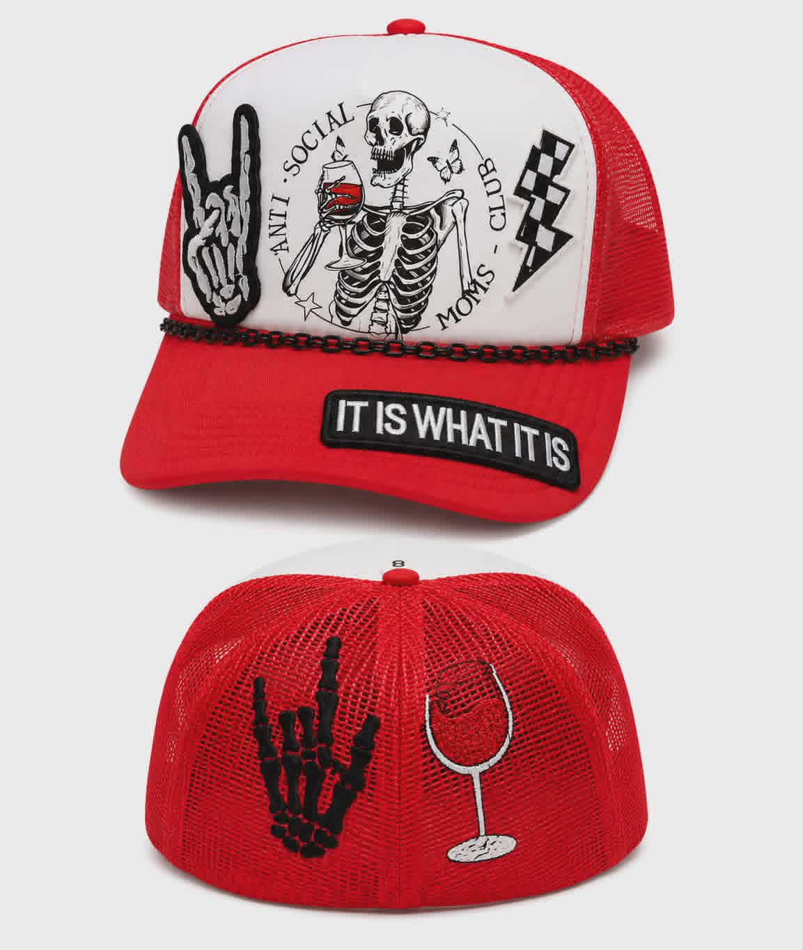 Anti-Social Moms Club Trucker Hat | DTF Print Hat with Embroidered Patches and Chain Accent