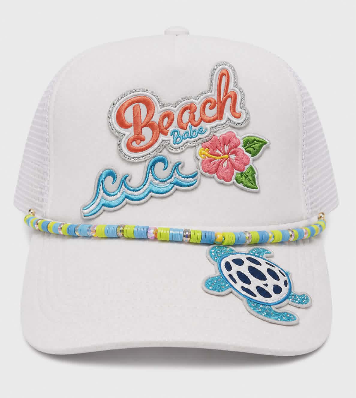 Beach Babe Glitter Trucker Hat with Handmade Beaded Hat Chain