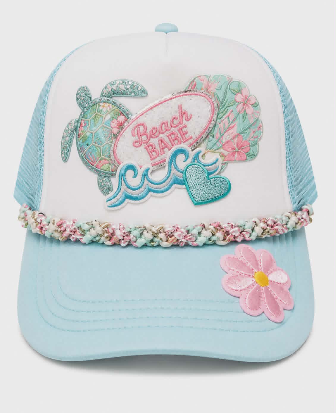 Beach Babe Sea Turtle Trucker Hat with Handmade knotted Hat Chain