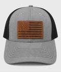 American Flag Leather Patch Trucker Hat | Gray & Black Classic Patriotic Cap
