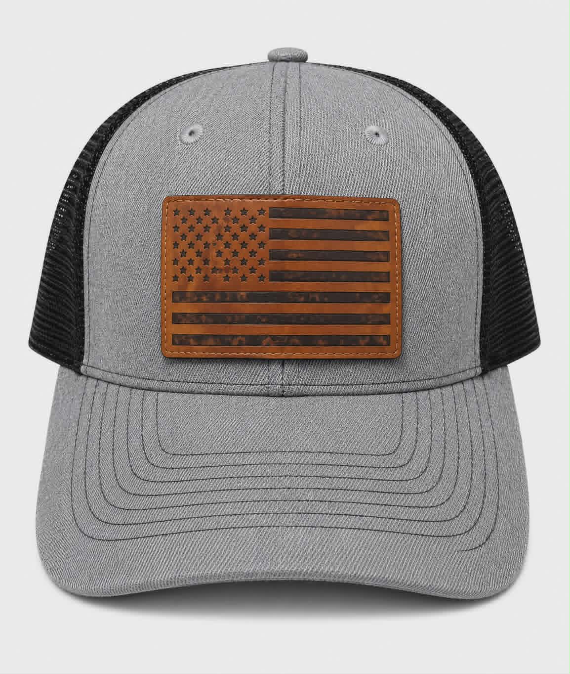 American Flag Leather Patch Trucker Hat | Gray & Black Classic Patriotic Cap