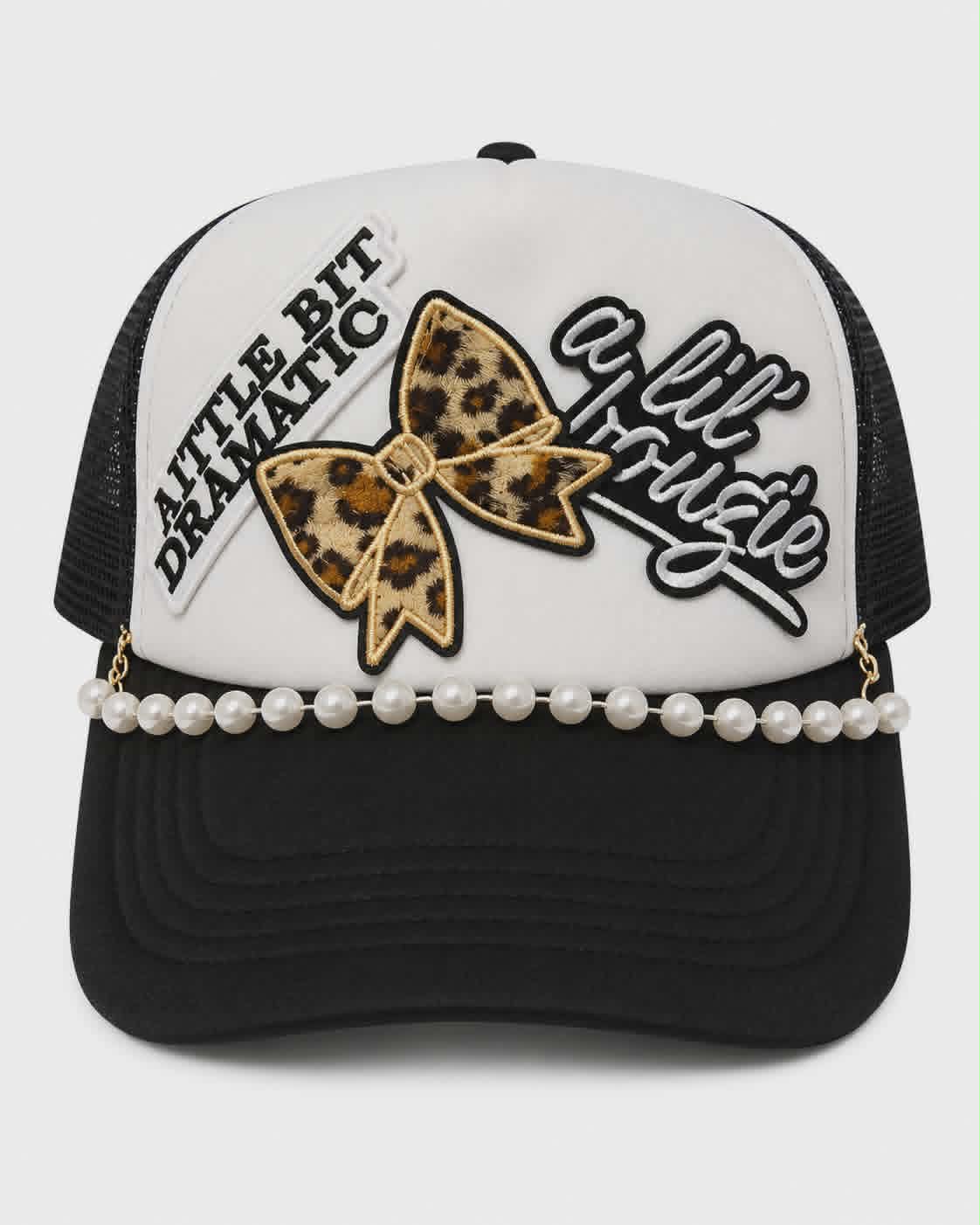 A Little Dramatic, A Lil' Bougie Trucker Hat | Leopard Bow & Pearl Chain