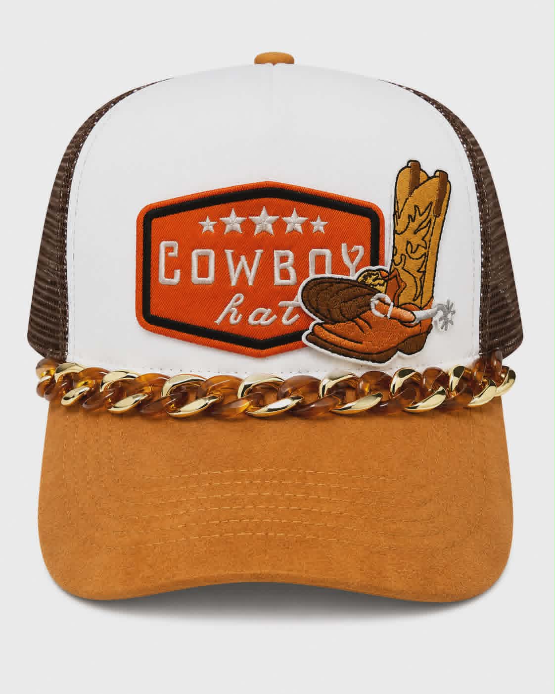 Cowboy Hat Western Trucker Hat with Embroidered Patches & Statement Hat Chain
