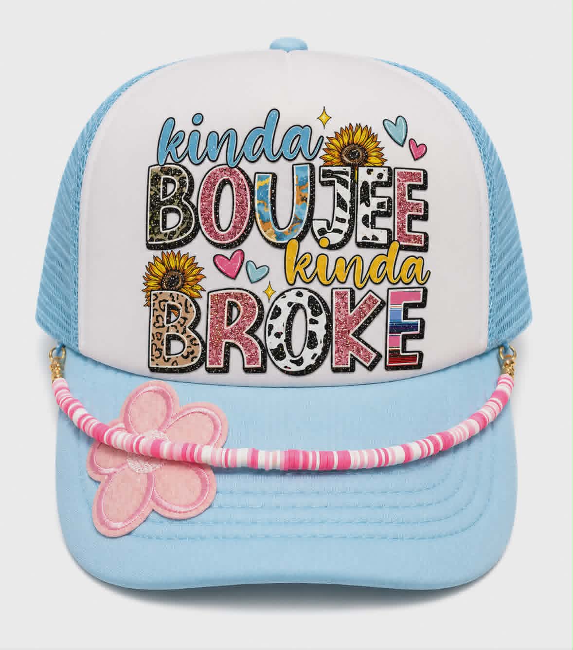 Kinda Boujee Kinda Broke Trucker Hat | Glitter Boutique Hat with Handmade Chain