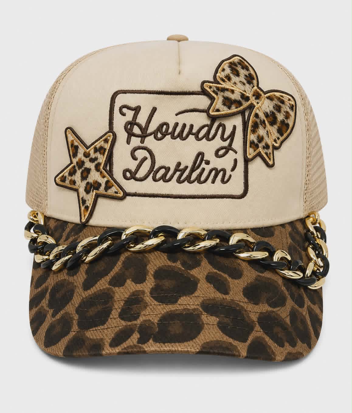 Howdy Darlin' Leopard Trucker Hat with Plush Patches & Statement Hat Chain