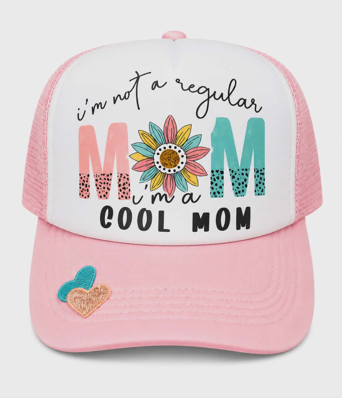 Cool Mom Trucker Hat | DTF Mom Hat with Embroidered Heart Patches