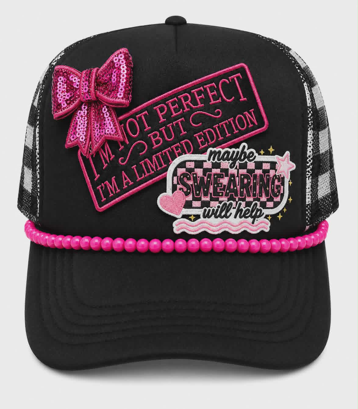 Limited Edition Trucker Hat | Sequin Bow Patch Hat with Beaded Chain