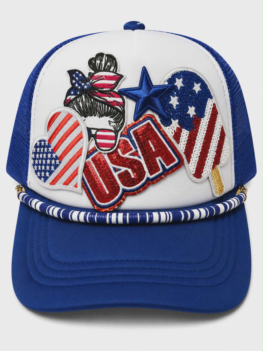 USA - USA Patriotic Sequin Patch Trucker Hat with Handmade Beaded Hat Chain