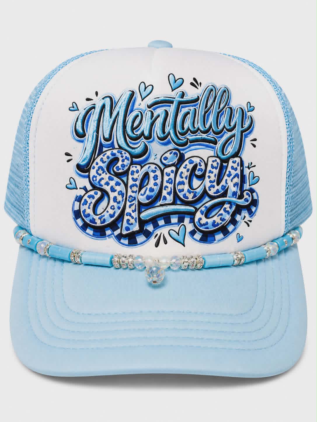 Mentally Spicy Trucker Hat | Funny Blue DTF Hat with Handmade Beaded Chain