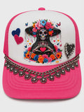 Sugar Skull Heart Trucker Hat | Floral DTF Hat with Custom Charm Chain