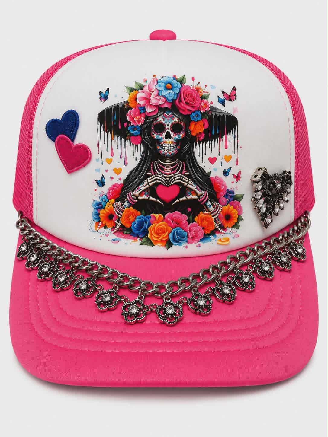 Sugar Skull Heart Trucker Hat | Floral DTF Hat with Custom Charm Chain
