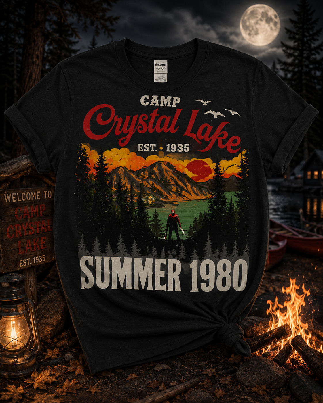 Camp Crystal Lake Summer 1980 Horror Graphic Tee | Vintage Slasher Movie Inspired Halloween Softstyle T-Shirt