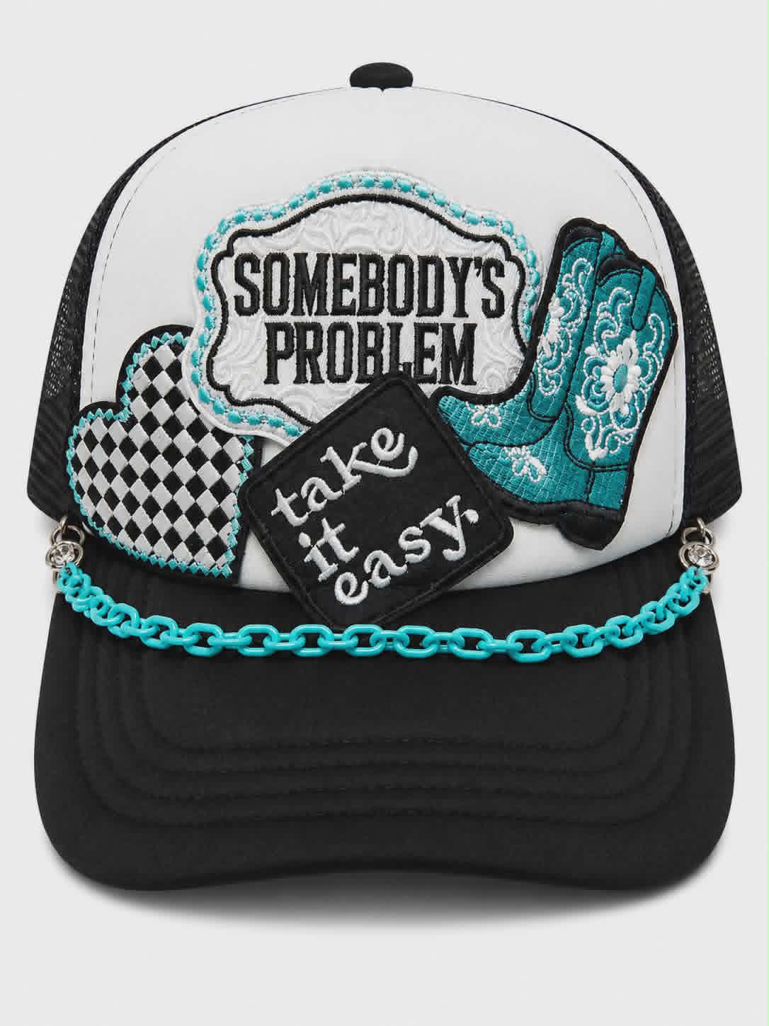 Somebody's Problem Trucker Hat | Western Cowgirl Patch Hat with Turquoise Chain Accent