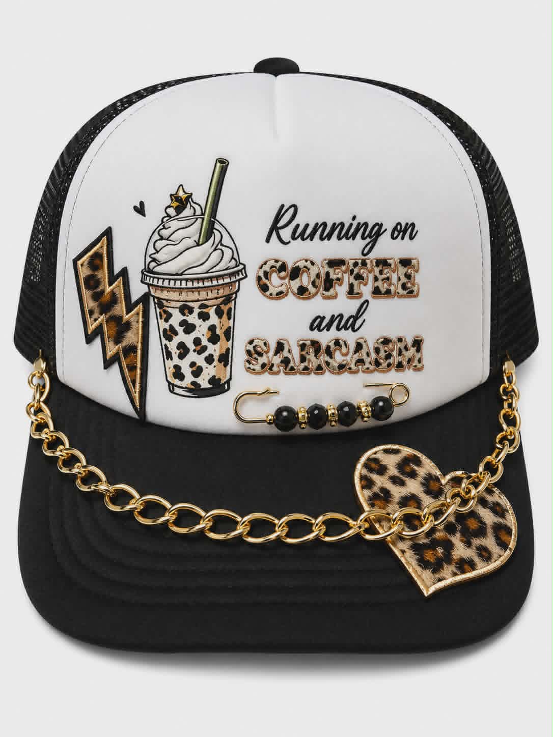 Running on Coffee & Sarcasm Trucker Hat | Leopard Boutique Hat with Custom Chain