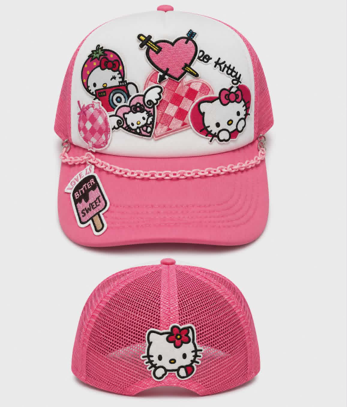 Hello Kitty - Cute Kitty Patch Trucker Hat | Pink Embroidered Patch Hat with Charm Chain