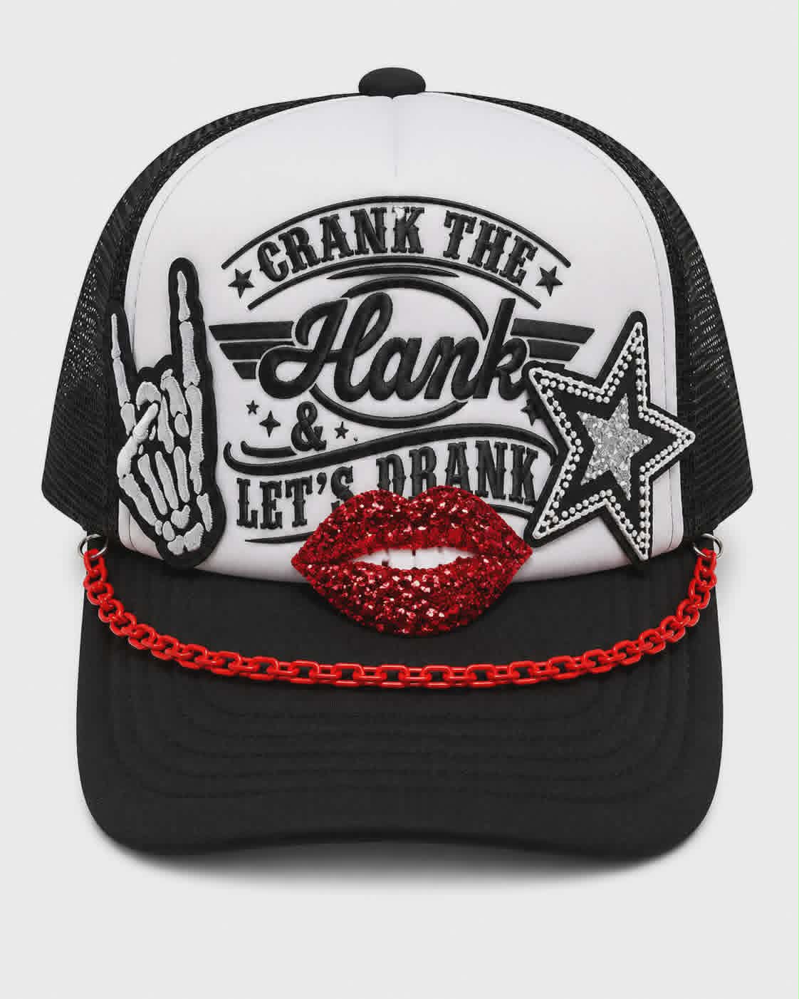 Crank the Hank Trucker Hat | Sublimation Hat with Rhinestone & Embroidered Patches