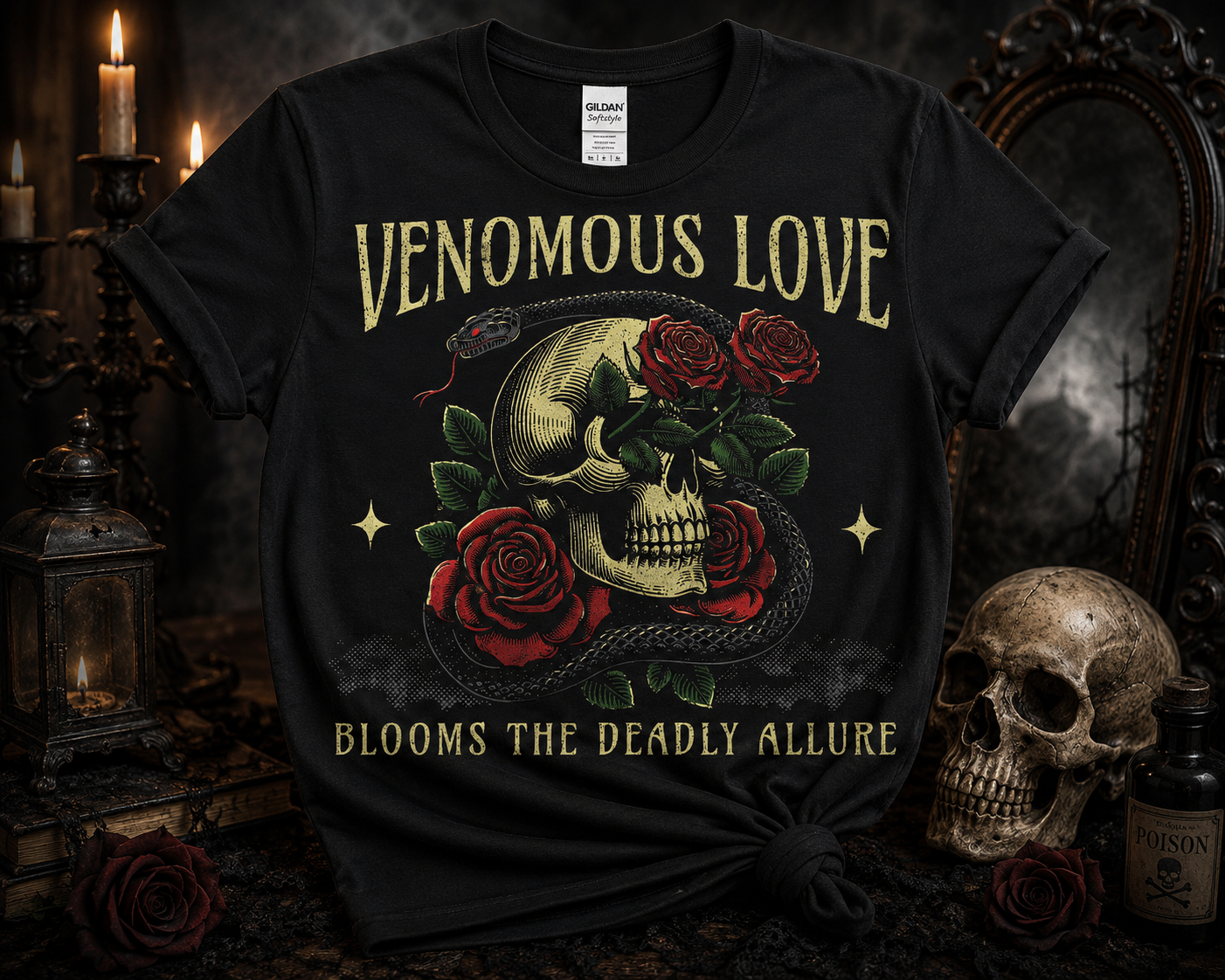 Venomous Love Skull & Snake Gothic Graphic Tee | Dark Romance Halloween Shirt | Softstyle Unisex Tee