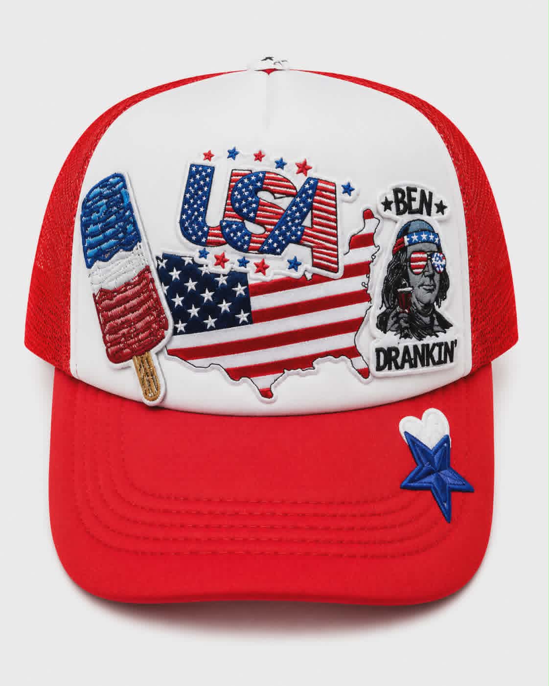 Ben Drankin' USA Trucker Hat | Funny Patriotic Sequin & Embroidered Patch Hat