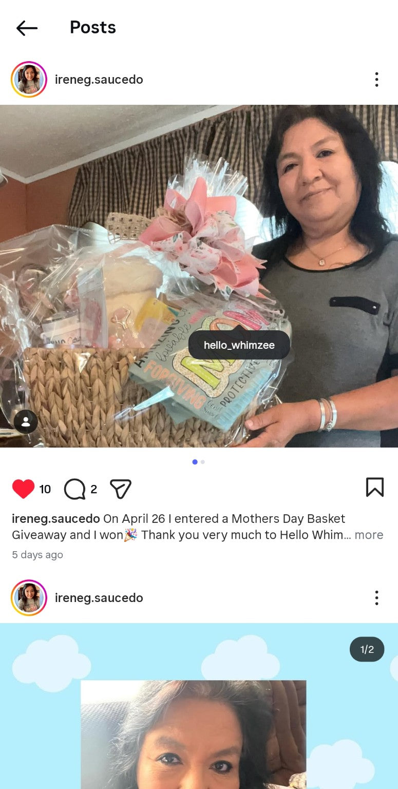 Mother's Day giveaway winner holding her Hello Whimzee gift basket