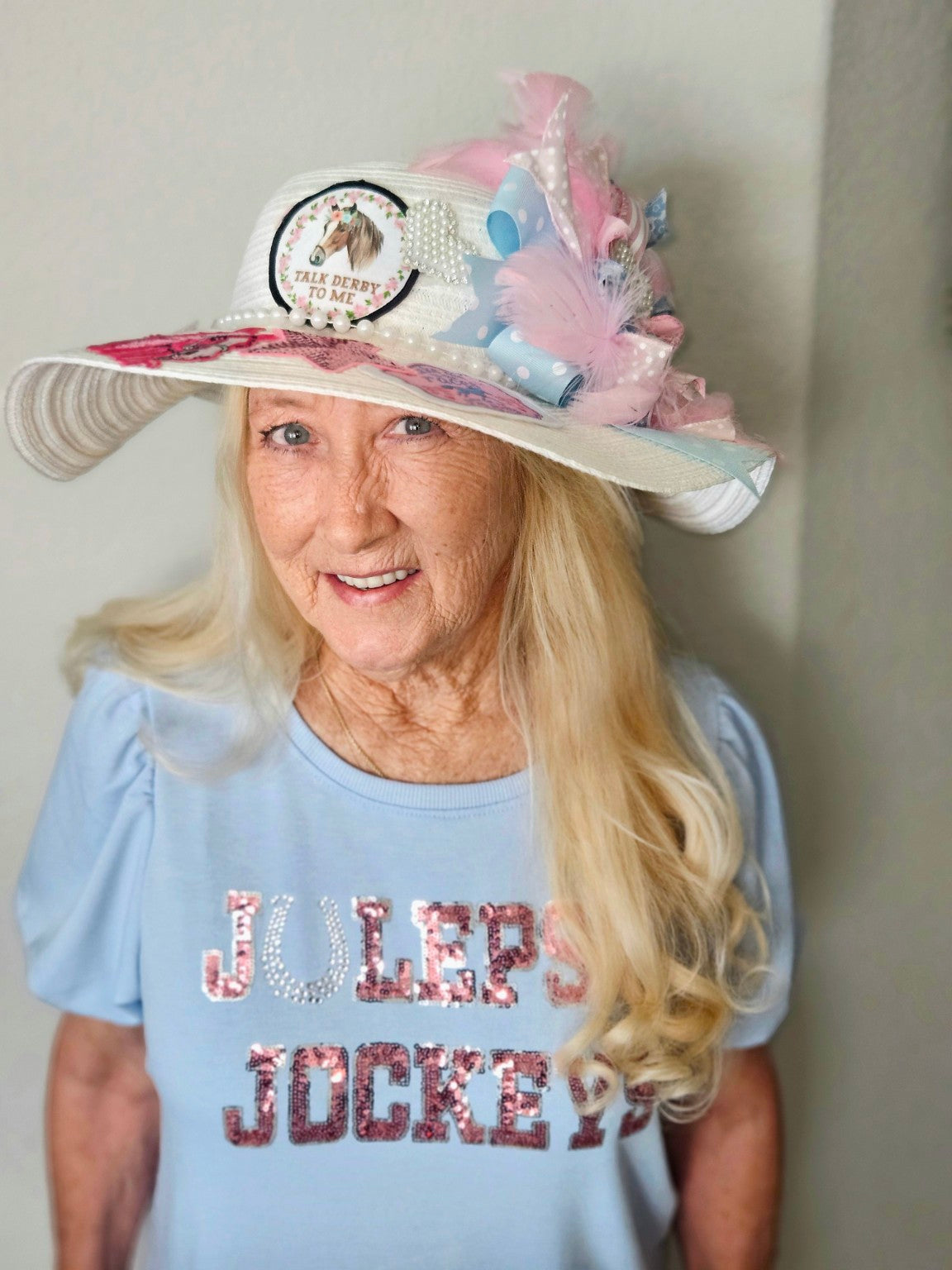 Cindy wearing her custom Hello Whimzee Kentucky Derby hat