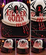 🕷️👑 Killer Queen — Red & Black Spooky Glam Trucker Hat