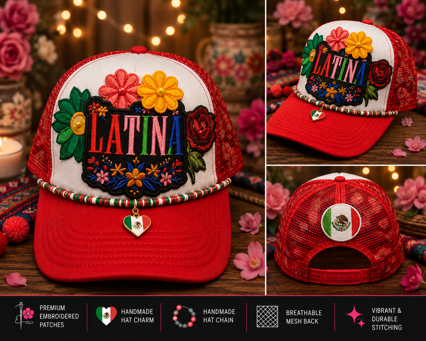 Latina Embroidered Trucker Hat | Handmade Floral Boutique Hat with Printed Mesh