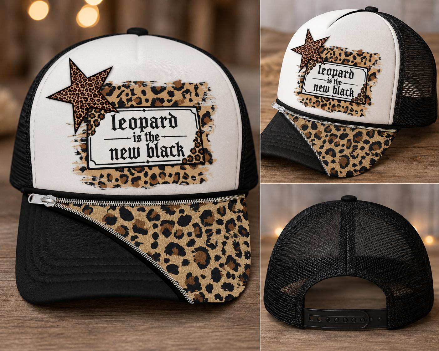 Leopard Is the New Black Trucker Hat | Boutique Leopard Patch Hat with Zipper Brim