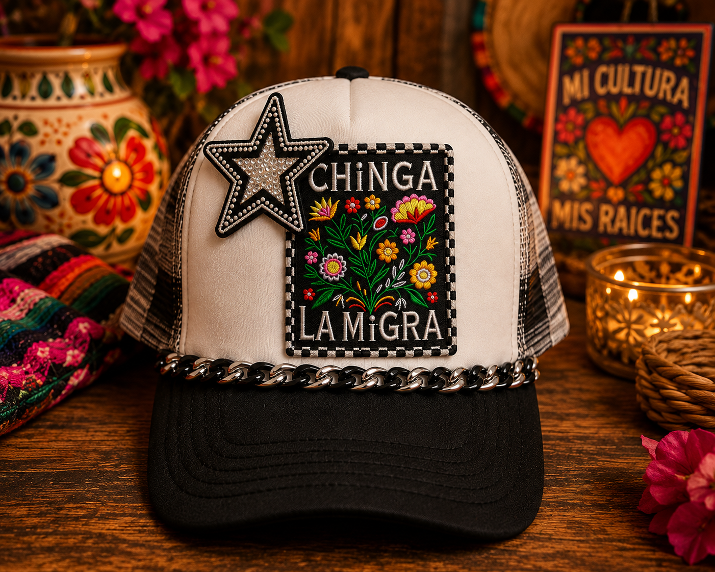 Chinga La Migra Trucker Hat | Handmade Embroidered Floral Boutique Hat with Rhinestone Star