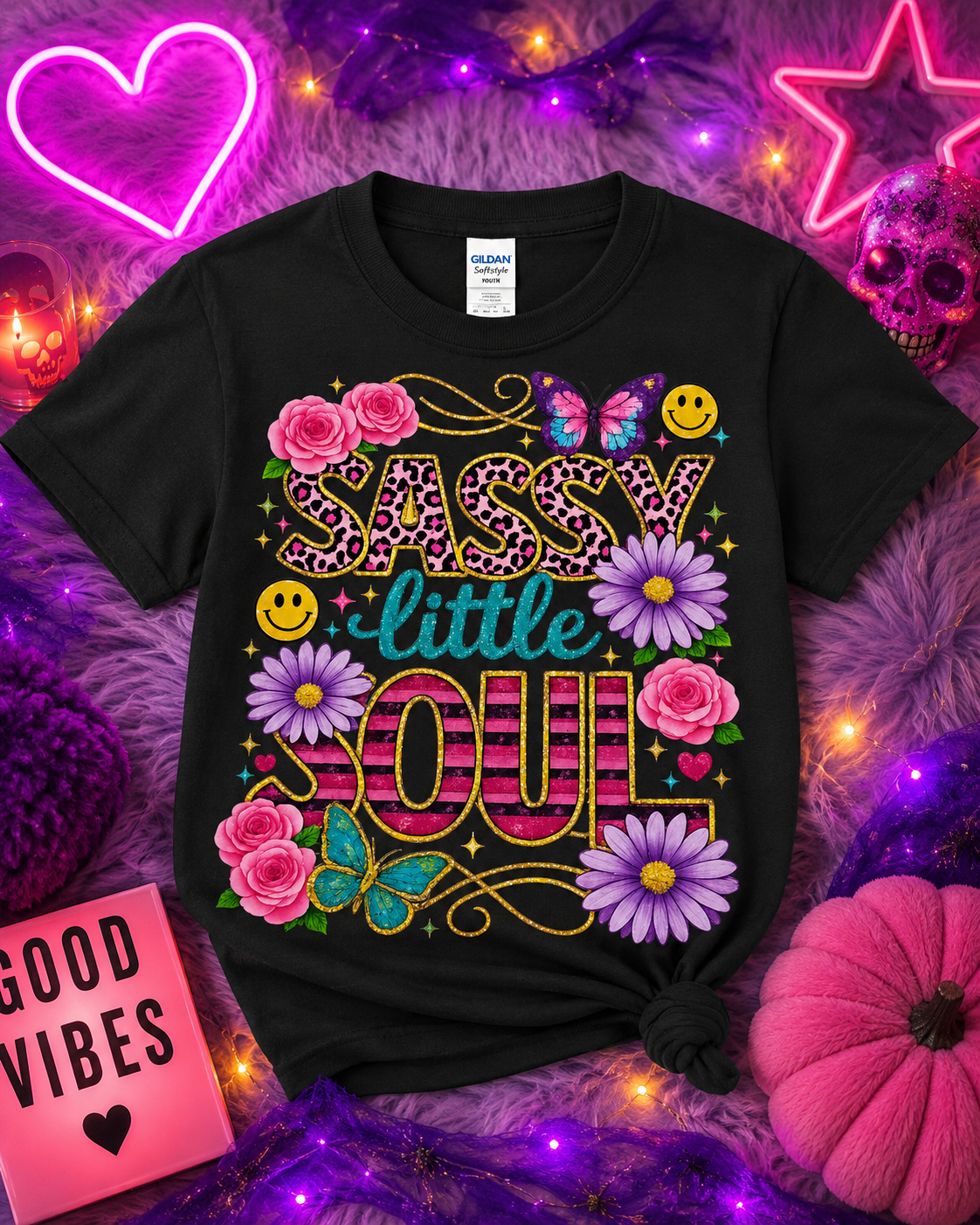 Sassy Little Soul Youth & Toddler Graphic T-Shirt | Cute Leopard Print Floral Shirt | Softstyle Kids Tee