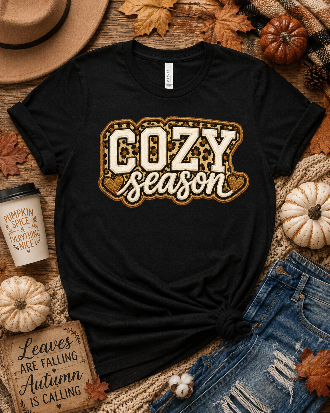 Cozy Season Leopard Embroidered Look Fall T-Shirt | Autumn Softstyle Graphic Tee