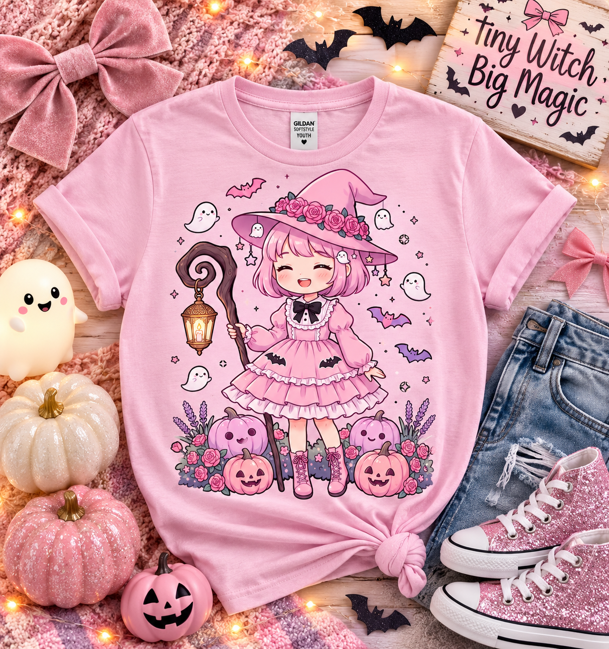 Tiny Pink Witch Halloween Youth T-Shirt | Cute Kawaii Ghost & Pumpkin Softstyle Tee