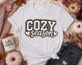 Cozy Season Pink Leopard Embroidered Look Fall T-Shirt | Softstyle Autumn Graphic Tee