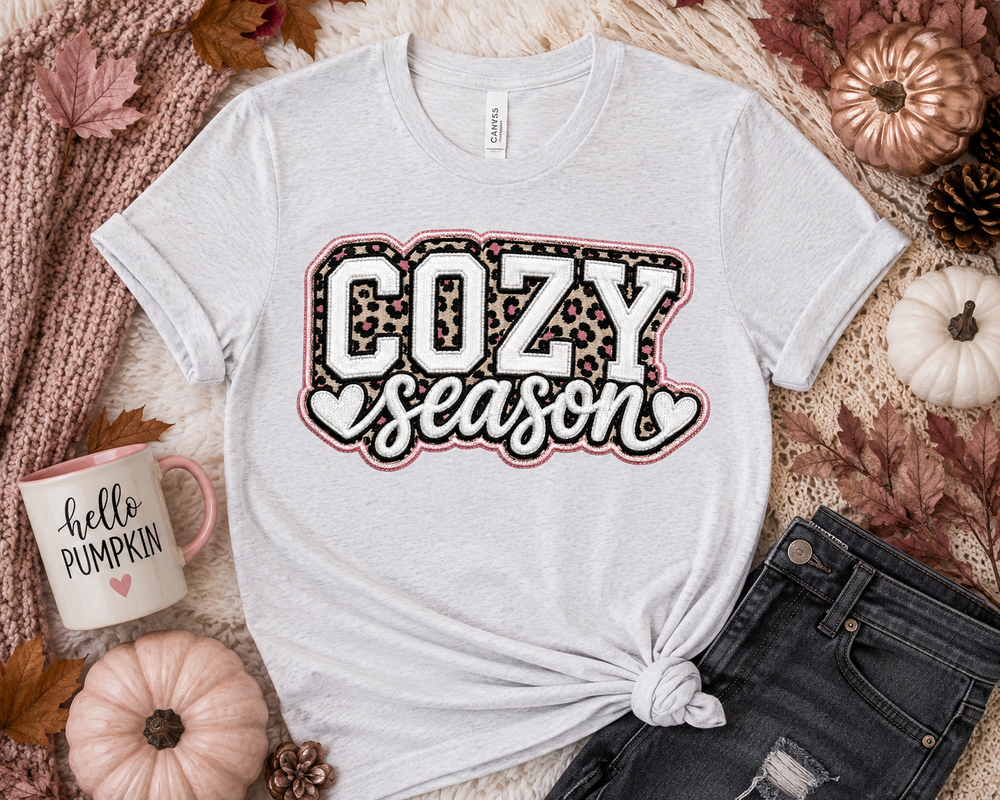 Cozy Season Pink Leopard Embroidered Look Fall T-Shirt | Softstyle Autumn Graphic Tee