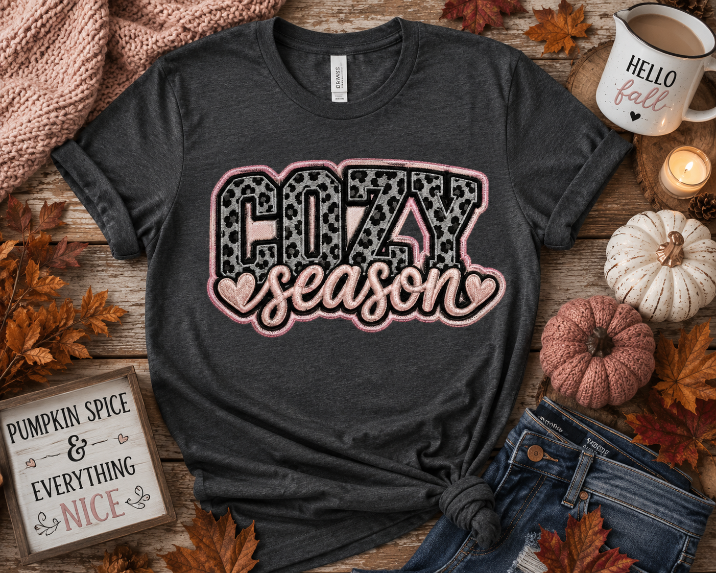 Cozy Season Pink Leopard Embroidered Look Fall T-Shirt | Softstyle Autumn Graphic Tee (Copy)