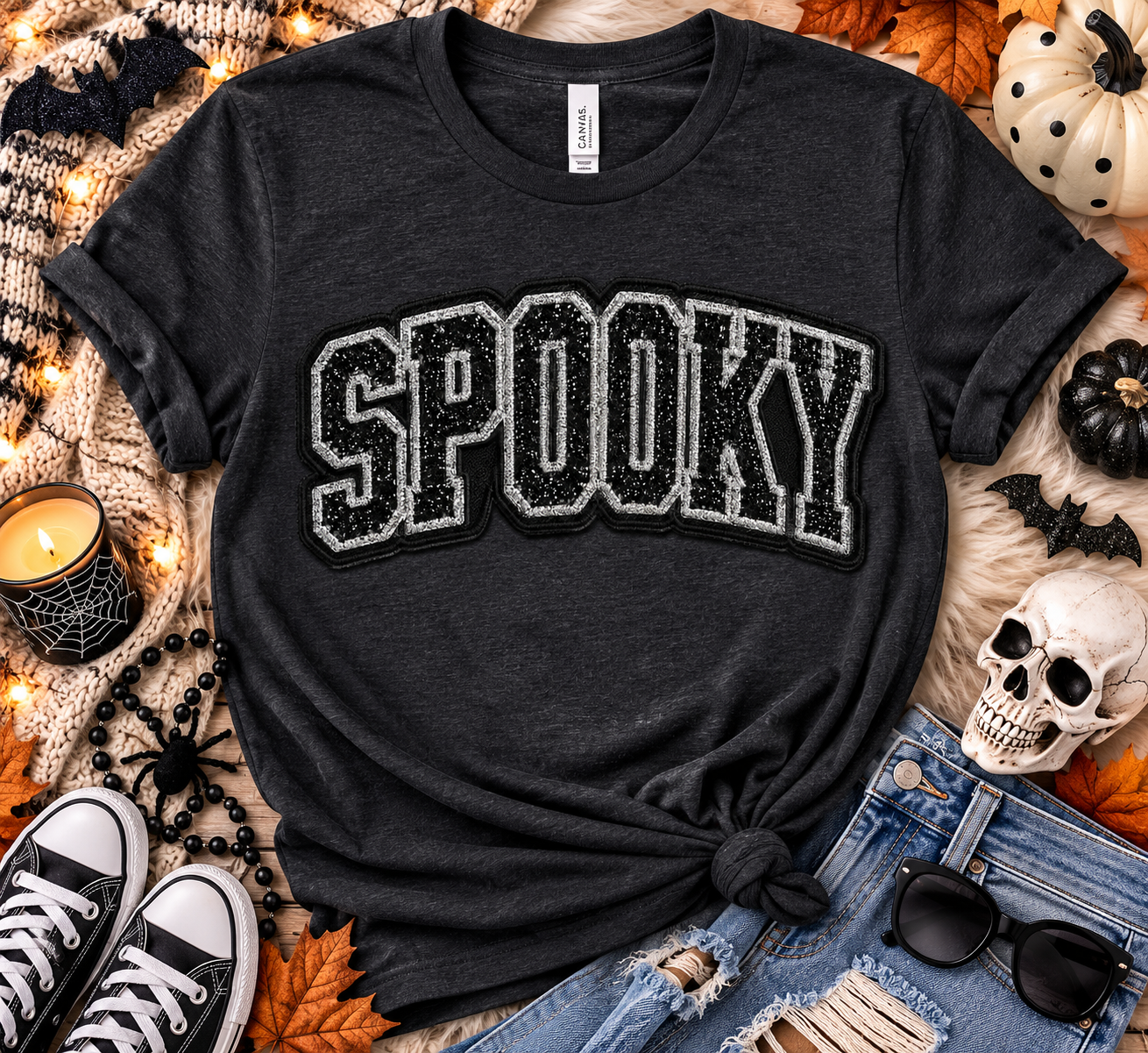 Spooky Black Glitter look Varsity Graphic T-Shirt | Halloween Softstyle Tee | Embroidered Look Fall Shirt | Adult Halloween Apparel