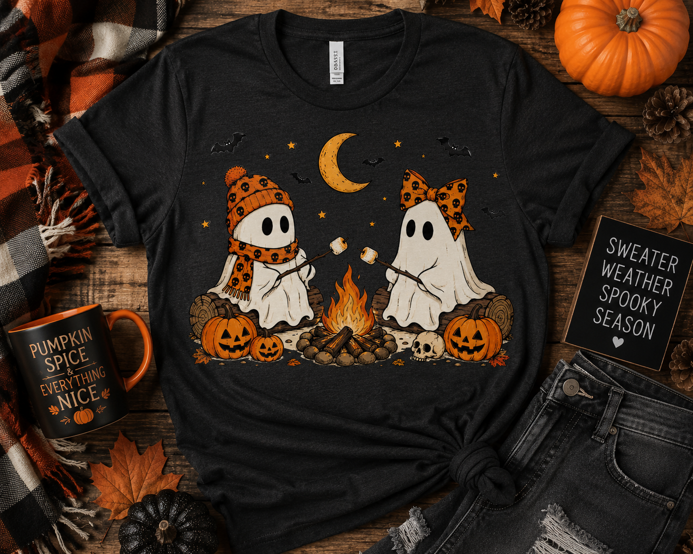 Camping Ghosts Halloween Graphic T-Shirt | Cute Campfire Ghost Softstyle Tee | Spooky Fall Adult Shirt | Cozy Autumn Apparel