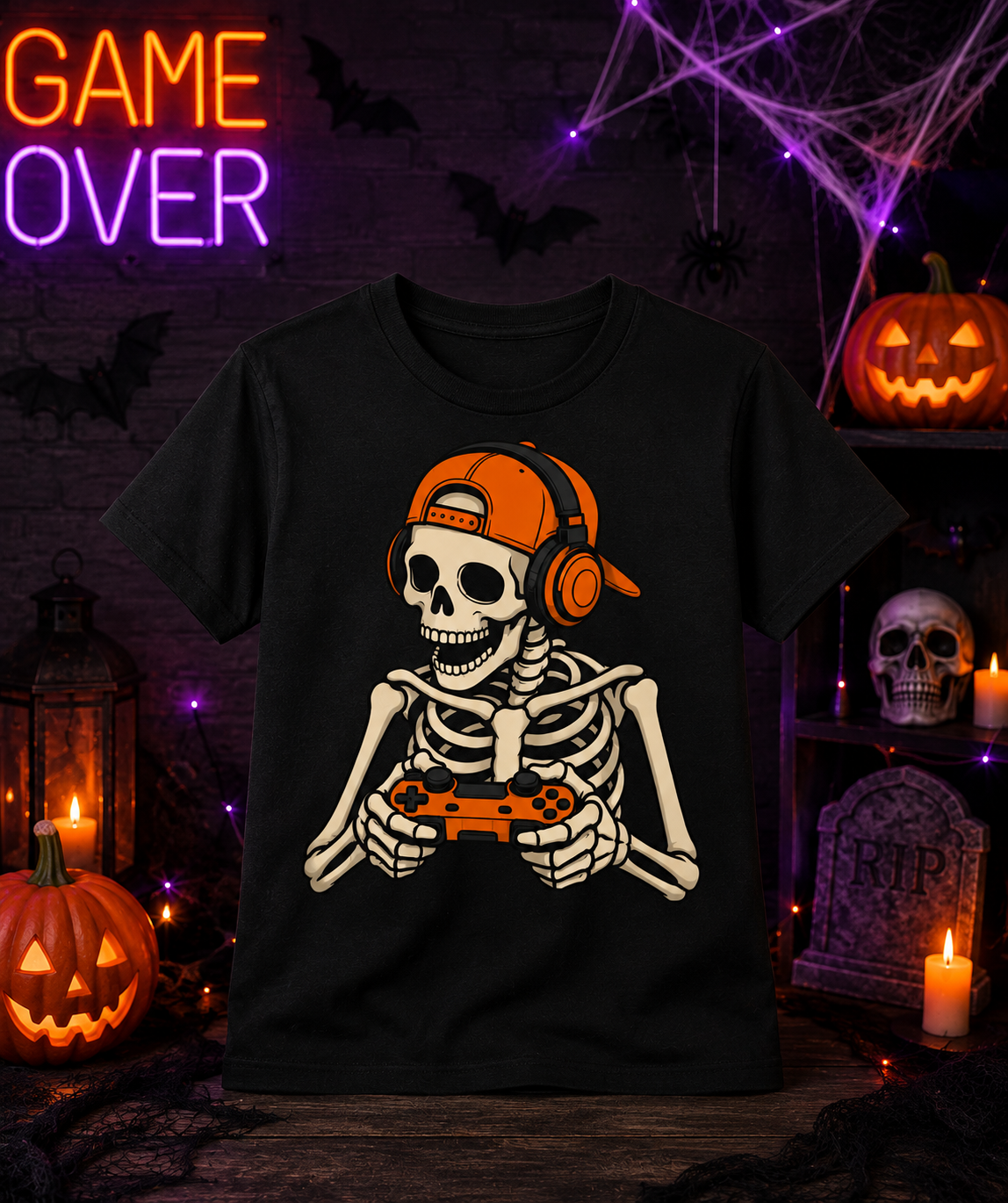 Youth & Toddler Skeleton Gamer Halloween Shirt | Spooky Gaming Graphic Tee | Cute Halloween Gamer Tee
