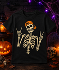 Youth & Toddler Cool Skeleton Halloween Shirt | Rock On Skeleton Graphic Tee | Spooky Kids Fall Shirt