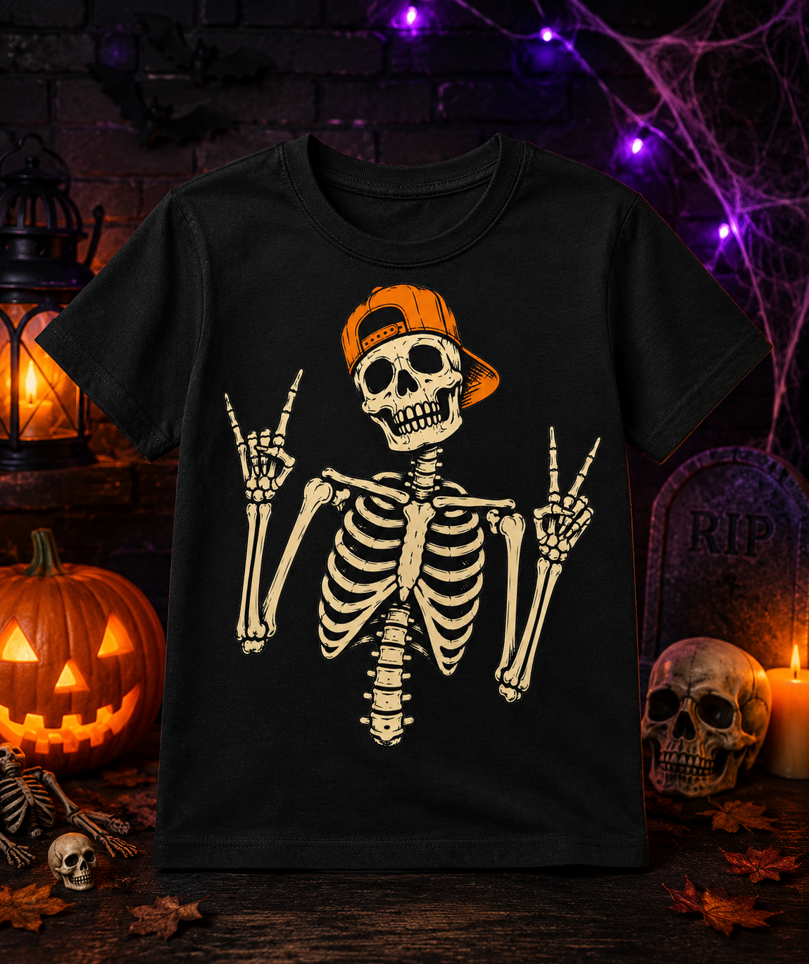 Youth & Toddler Cool Skeleton Halloween Shirt | Rock On Skeleton Graphic Tee | Spooky Kids Fall Shirt