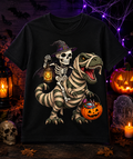 Youth & Toddler Skeleton Riding Mummy T-Rex Halloween Shirt | Cute Dinosaur Trick-or-Treat Tee | Spooky Kids Graphic Tee