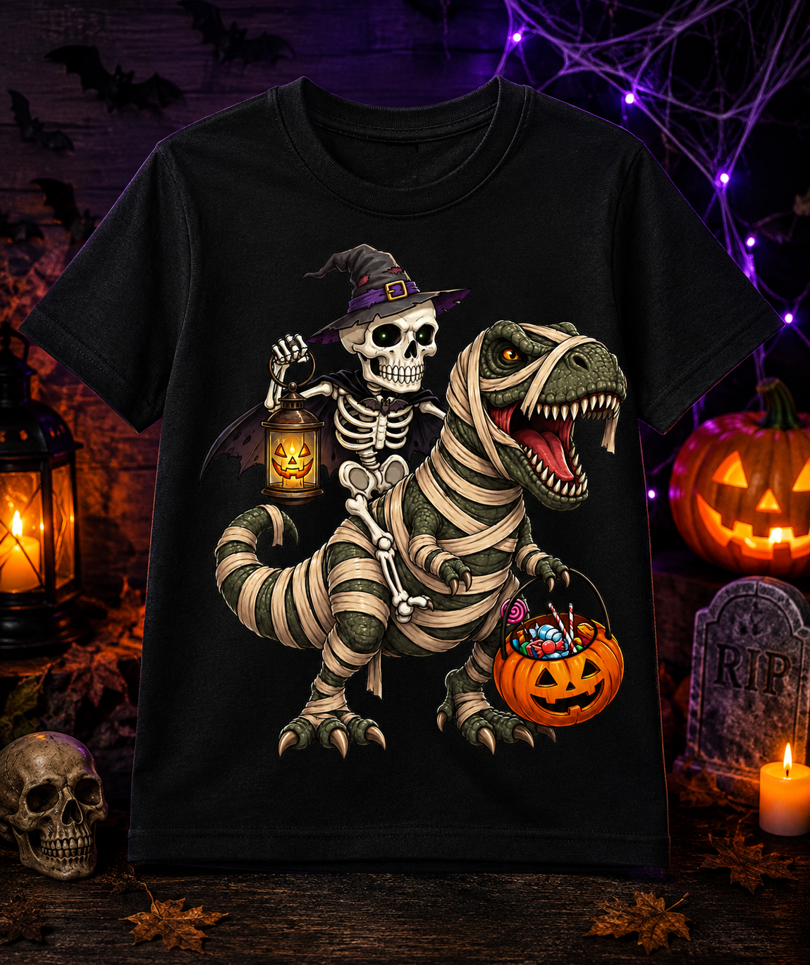 Youth & Toddler Skeleton Riding Mummy T-Rex Halloween Shirt | Cute Dinosaur Trick-or-Treat Tee | Spooky Kids Graphic Tee