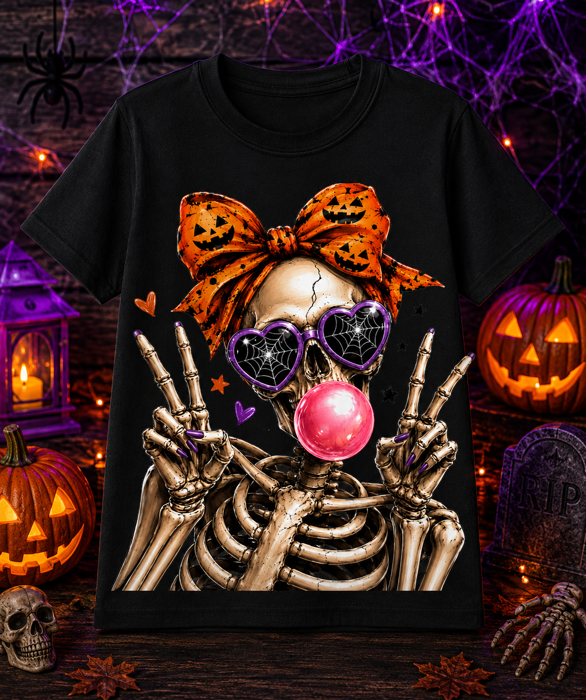 Peace Out Skeleton Bubblegum Halloween Youth T-Shirt | Cute Spooky Skeleton with Pumpkin Bow Graphic Tee