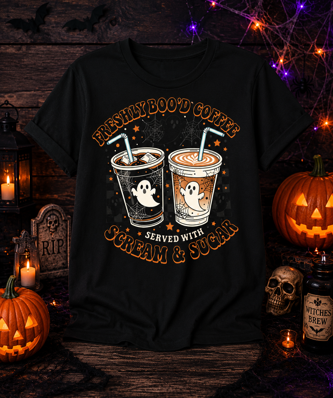 Freshly Boo'd Coffee – Served with Scream & Sugar Halloween Graphic T-Shirt | Cute Ghost Coffee Lover Tee