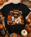 Fueled by Chaos Highland Cow Fall Graphic T-Shirt | Cute Autumn Cow Coffee Lover Softstyle Tee