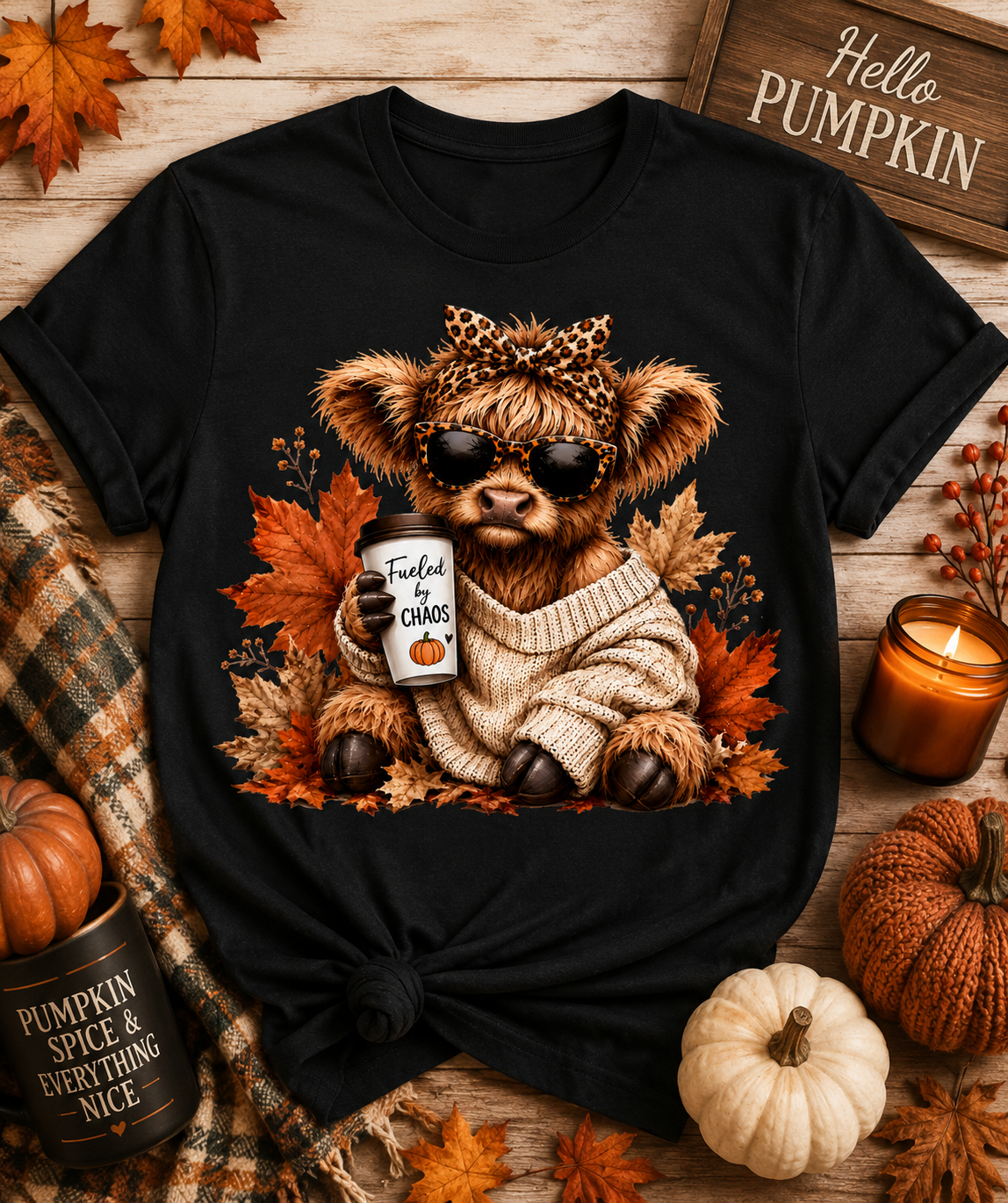 Fueled by Chaos Highland Cow Fall Graphic T-Shirt | Cute Autumn Cow Coffee Lover Softstyle Tee