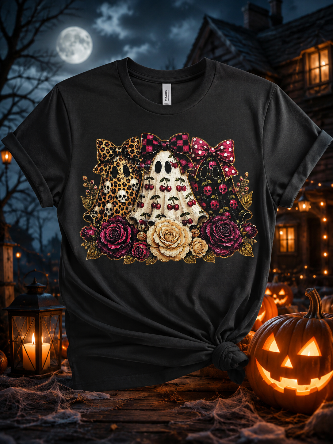 Spooky Ghost Trio Floral Halloween Shirt | Leopard, Cherries & Pink Skulls | Cute Coquette Fall Tee