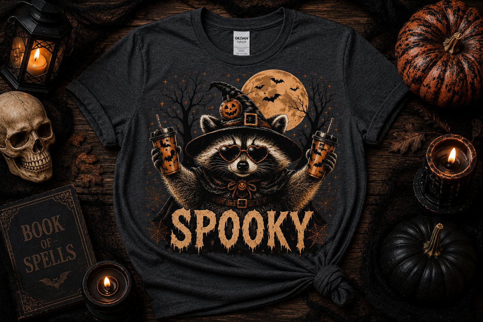 Spooky Raccoon Halloween Shirt | Cute Witch Raccoon Coffee Tee | Spooky Season Graphic Tee