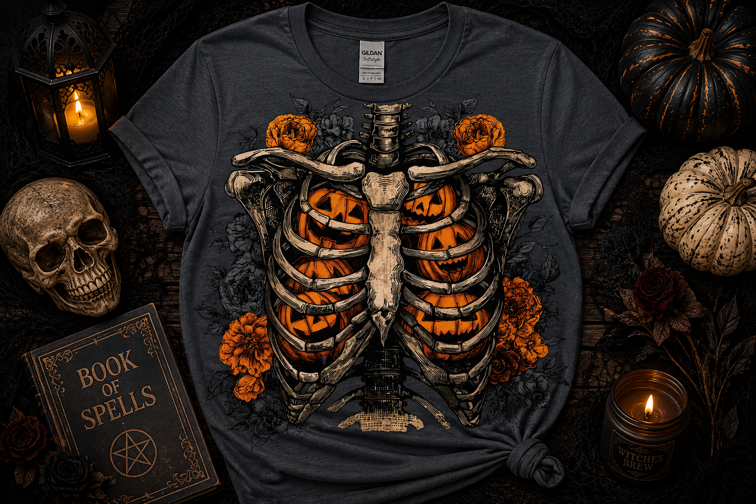 Pumpkin Ribcage Halloween Shirt | Skeleton Pumpkin Graphic Tee | Gothic Floral Spooky Season Shirt