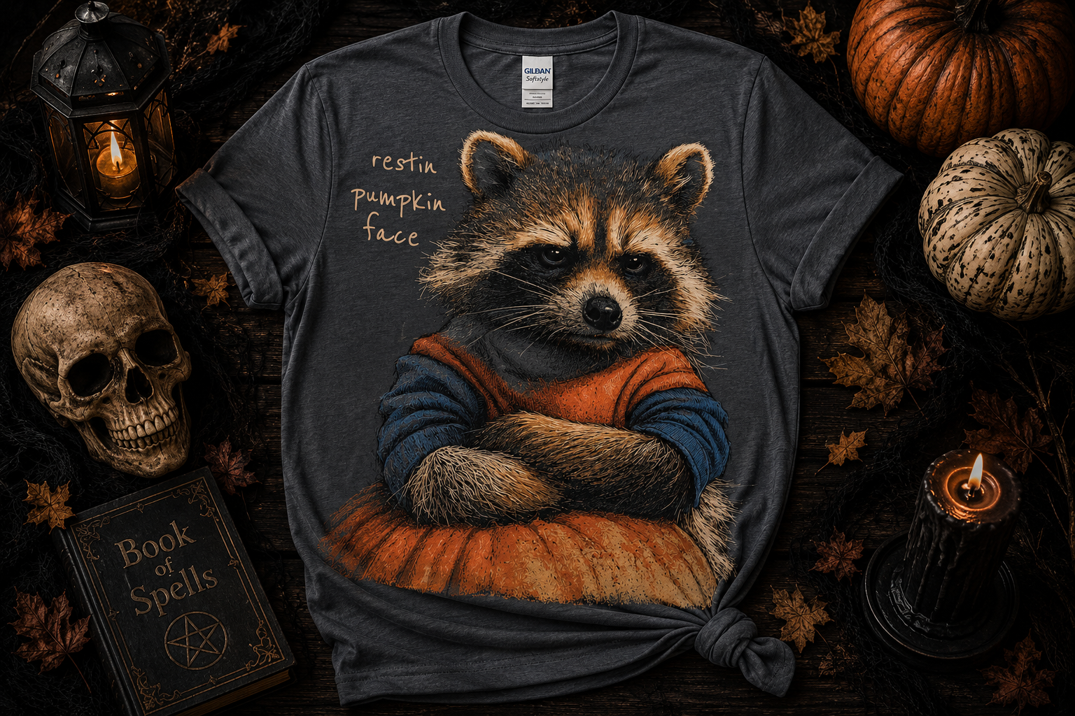 Restin' Pumpkin Face Shirt | Funny Raccoon Fall Graphic Tee | Cozy Autumn Halloween Shirt
