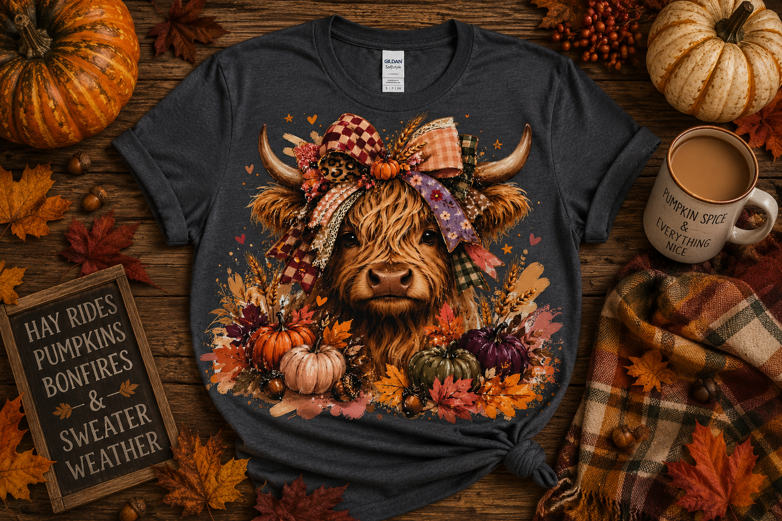 Fall Highland Cow Shirt | Highland Cow with Patchwork Bow | Cute Autumn Pumpkin Graphic Tee